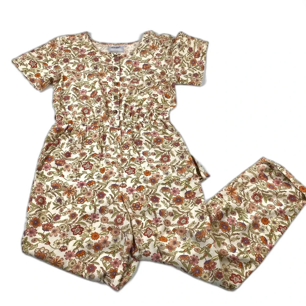 Old Navy Jumpsuit Girls Kids Ivory Floral Pattern Short Sleeve  XXL (18) Cottage